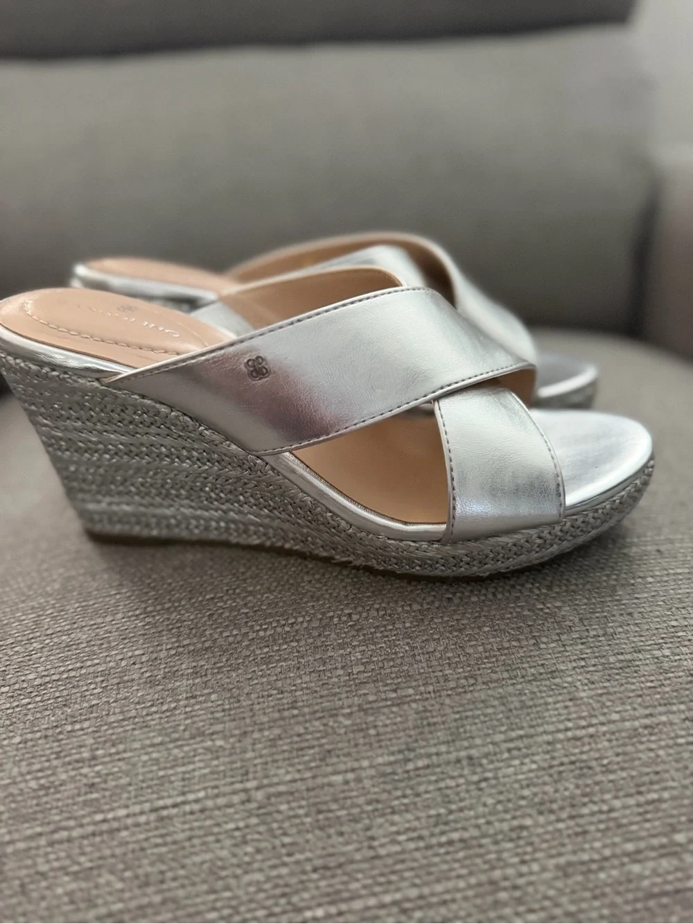 Bandolino Silver Metallic Espadrille Wedge Slides